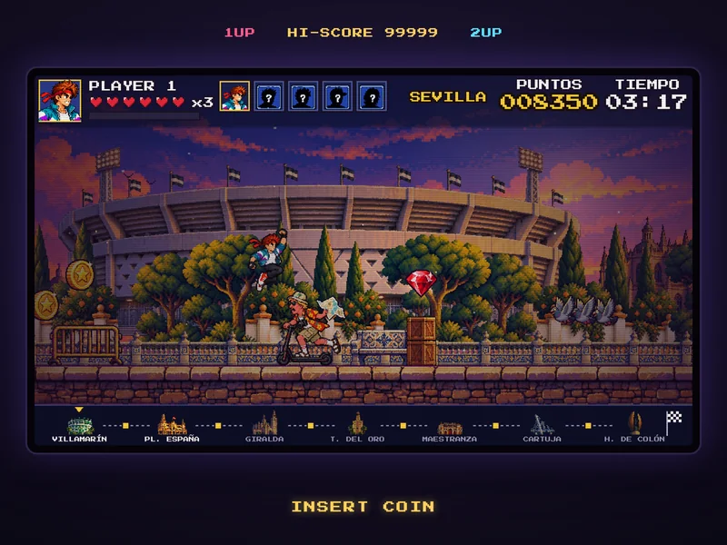 Captura del juego arcade, con un personaje de ejemplo.