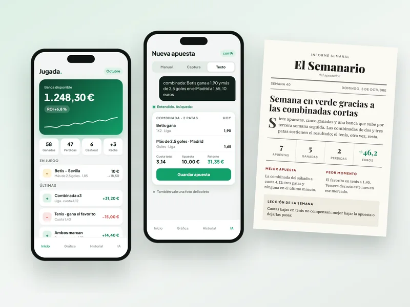 Recreación de Jugada: la banca y las últimas apuestas, una apuesta apuntada con IA a partir de una frase y el informe semanal con formato de periódico.