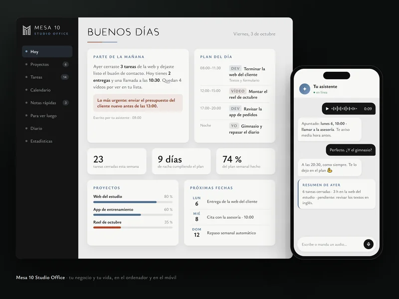 Recreación de la oficina virtual: el panel del día con el parte de la mañana y, en el móvil, el chat con el asistente.